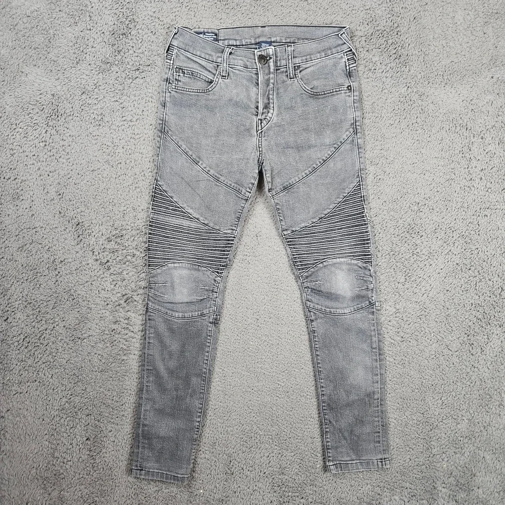 True Religion Rocco Relaxed Skinny Moto Biker Jeans Gray Acid Wash Size 28